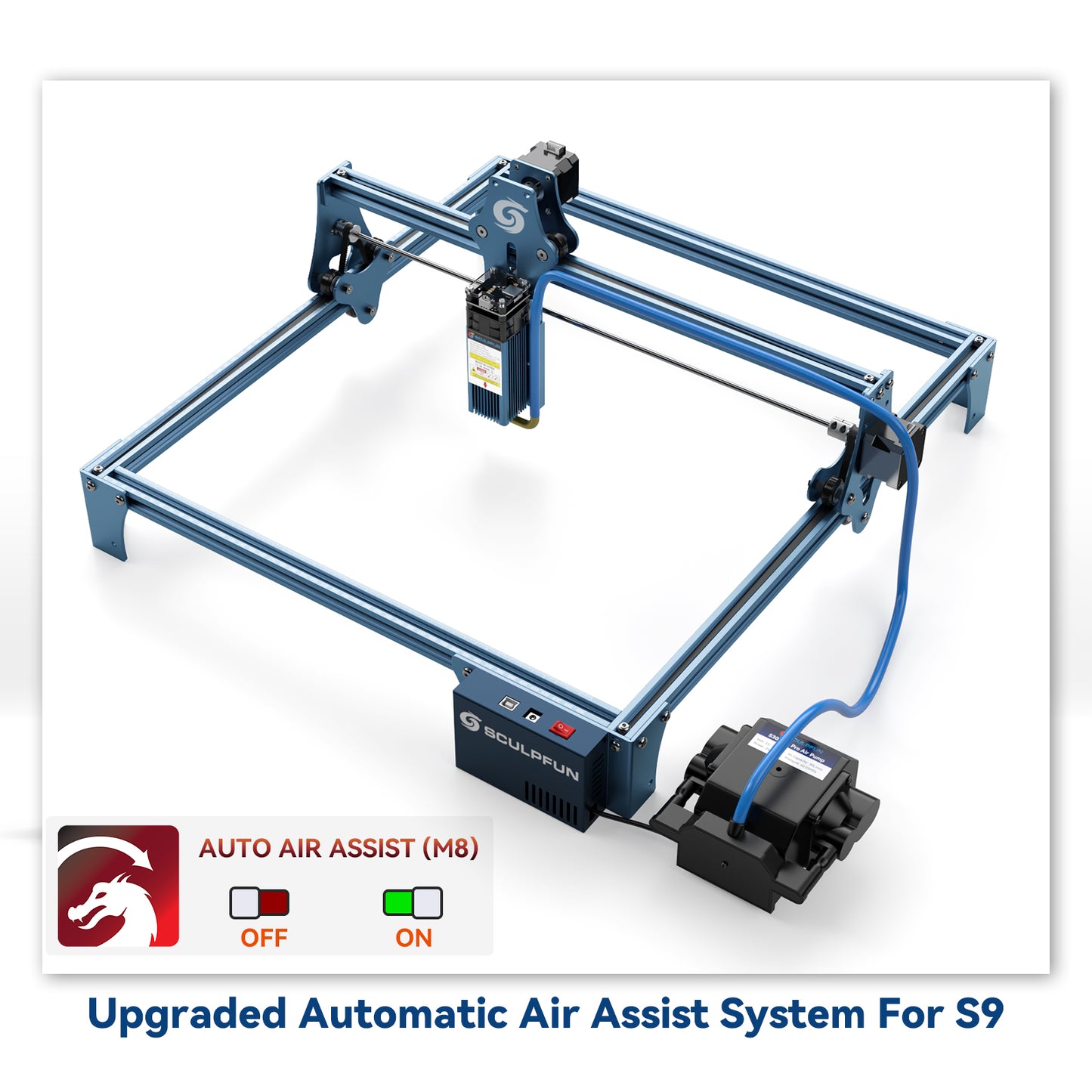 SCULPFUN Automatic Air Assist Kit 12V Version Suitable for upgrading S9/S10 to S30 automatic air assist system, including 32bit automatic air assist mainboard, 30min/min automatic air pump, 12V/7A adapter, installation kit