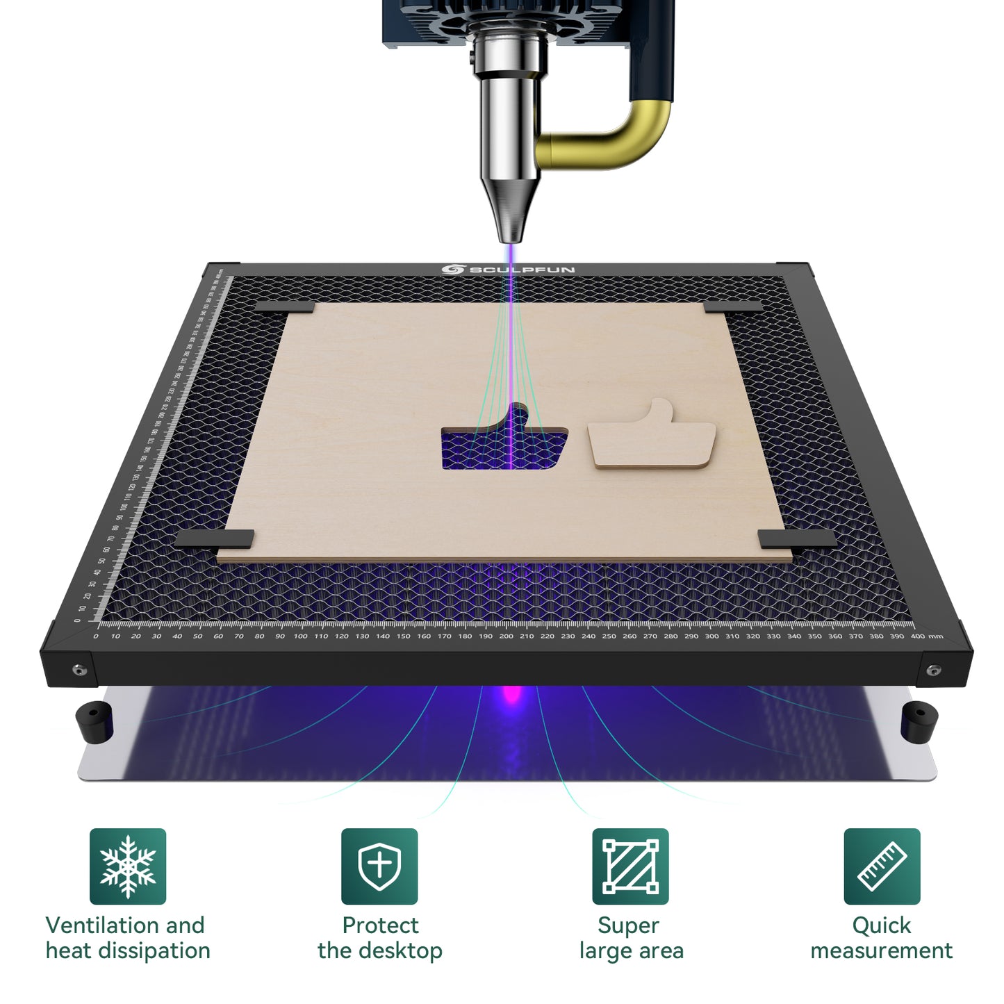 SCULPFUN H3 400x400mm Laser Cutting Honeycomb Panel Workbench Suitable for Diode, CO2 Laser Engraving Machine Professional metal clamps Easy to Observe Desktop Protection
