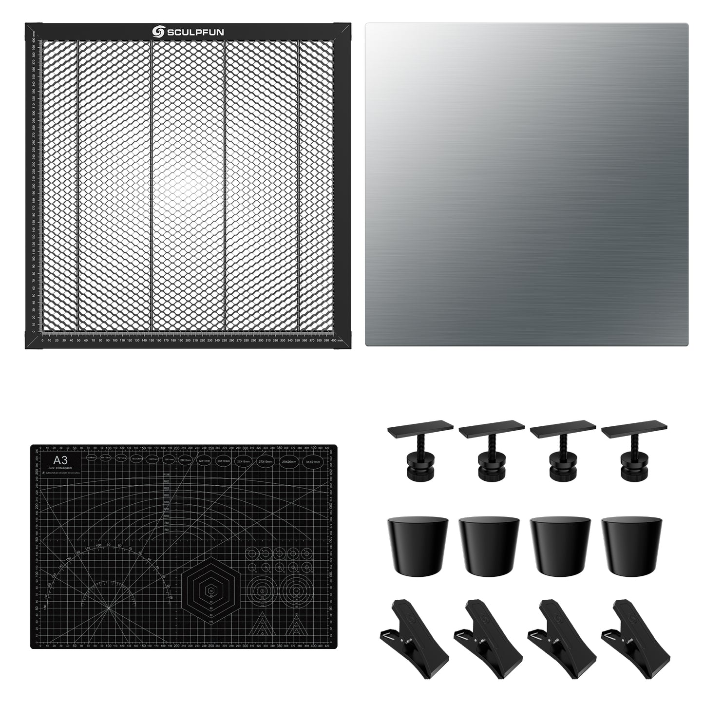 SCULPFUN H3 400x400mm Laser Cutting Honeycomb Panel Workbench Suitable for Diode, CO2 Laser Engraving Machine Professional metal clamps Easy to Observe Desktop Protection