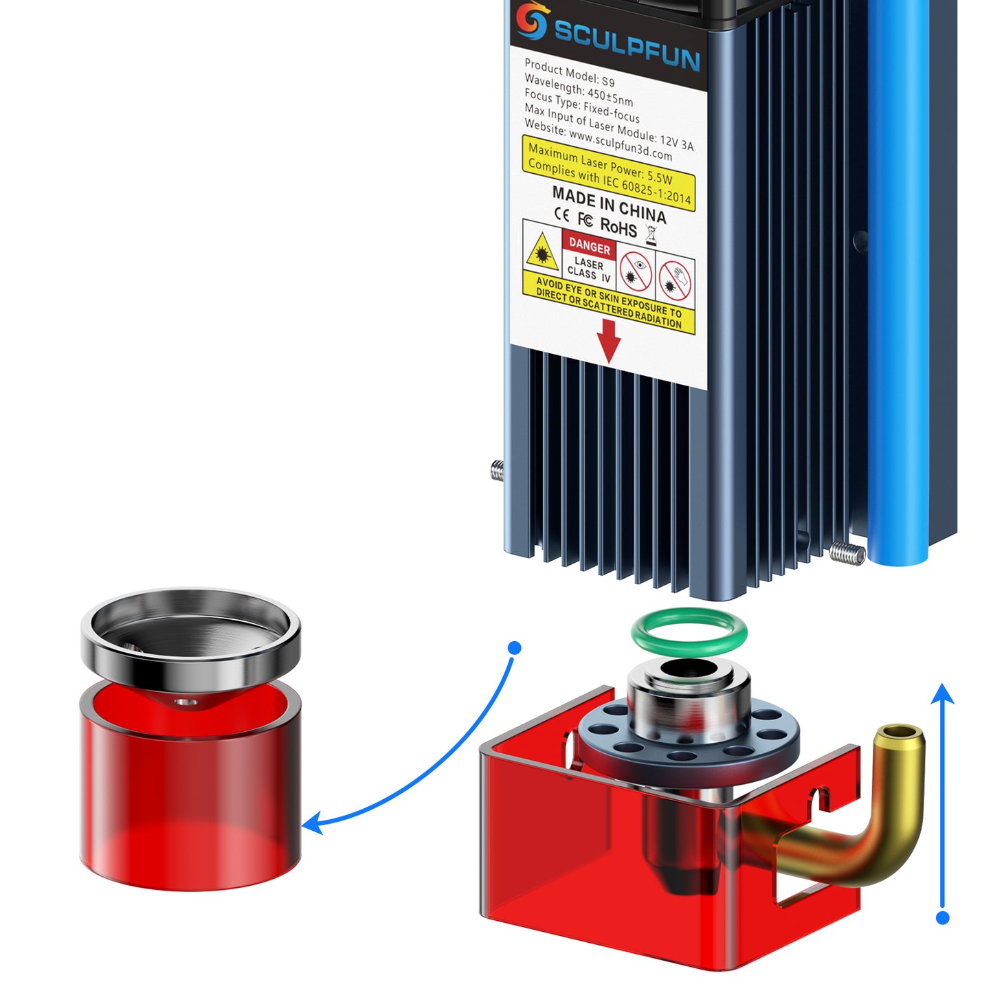 Official SCULPFUN S9 Air Assist Nozzle Kit (With Air Pump) High speed Air Assist Full Metal Structure Official Design Perfectly Fits S9 Lasers Easy to Install