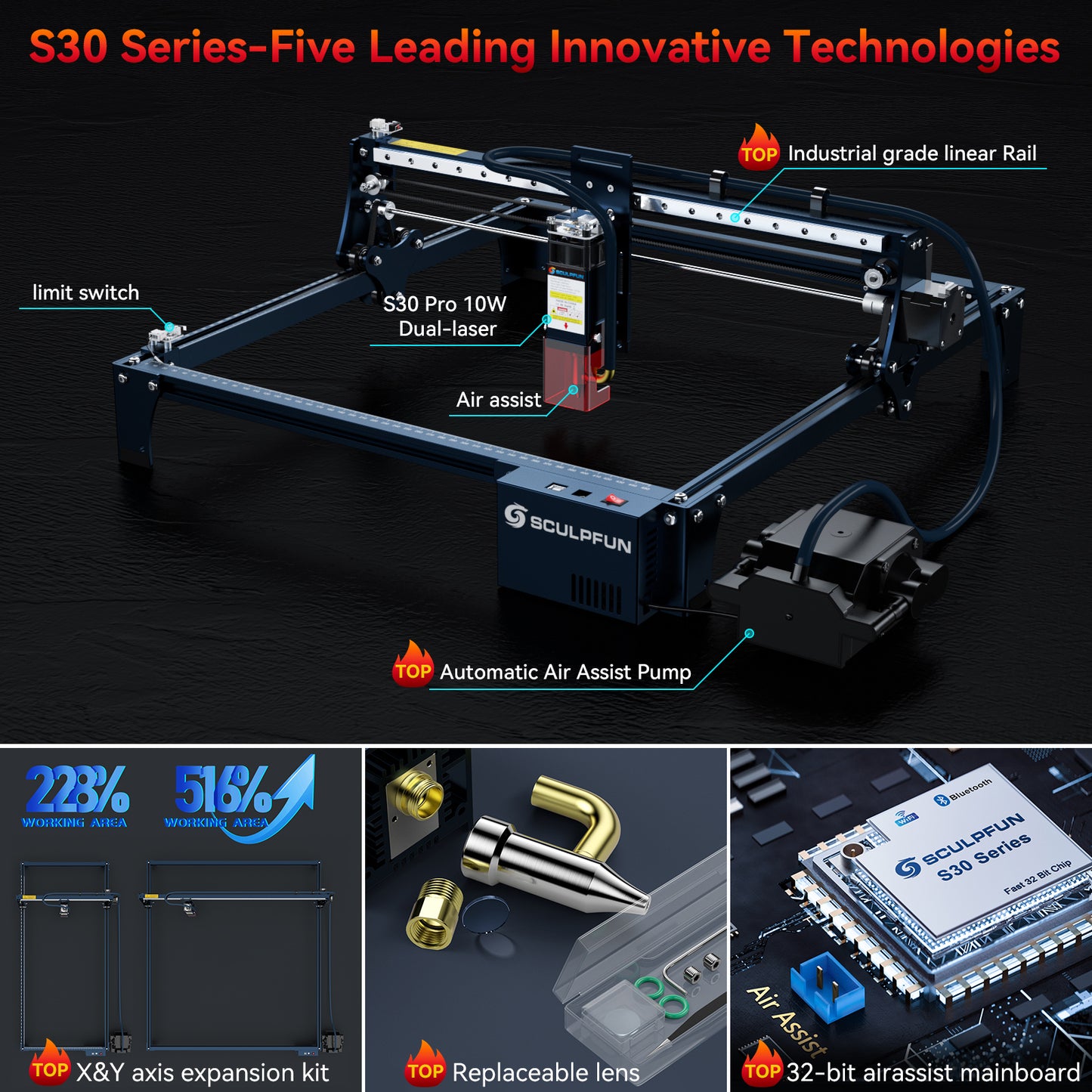 SCULPFUN S30 Pro automatic air-assist laser engraving machine Replaceable lens design Includes laser repair kit Expandable to 935x900mm engraving area Air-assist M8 motherboard