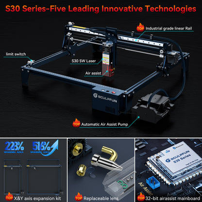 SCULPFUN S30 automatic air-assist laser engraving machine Replaceable lens design Includes laser repair kit Expandable to 935x900mm engraving area Air-assist M8 motherboard