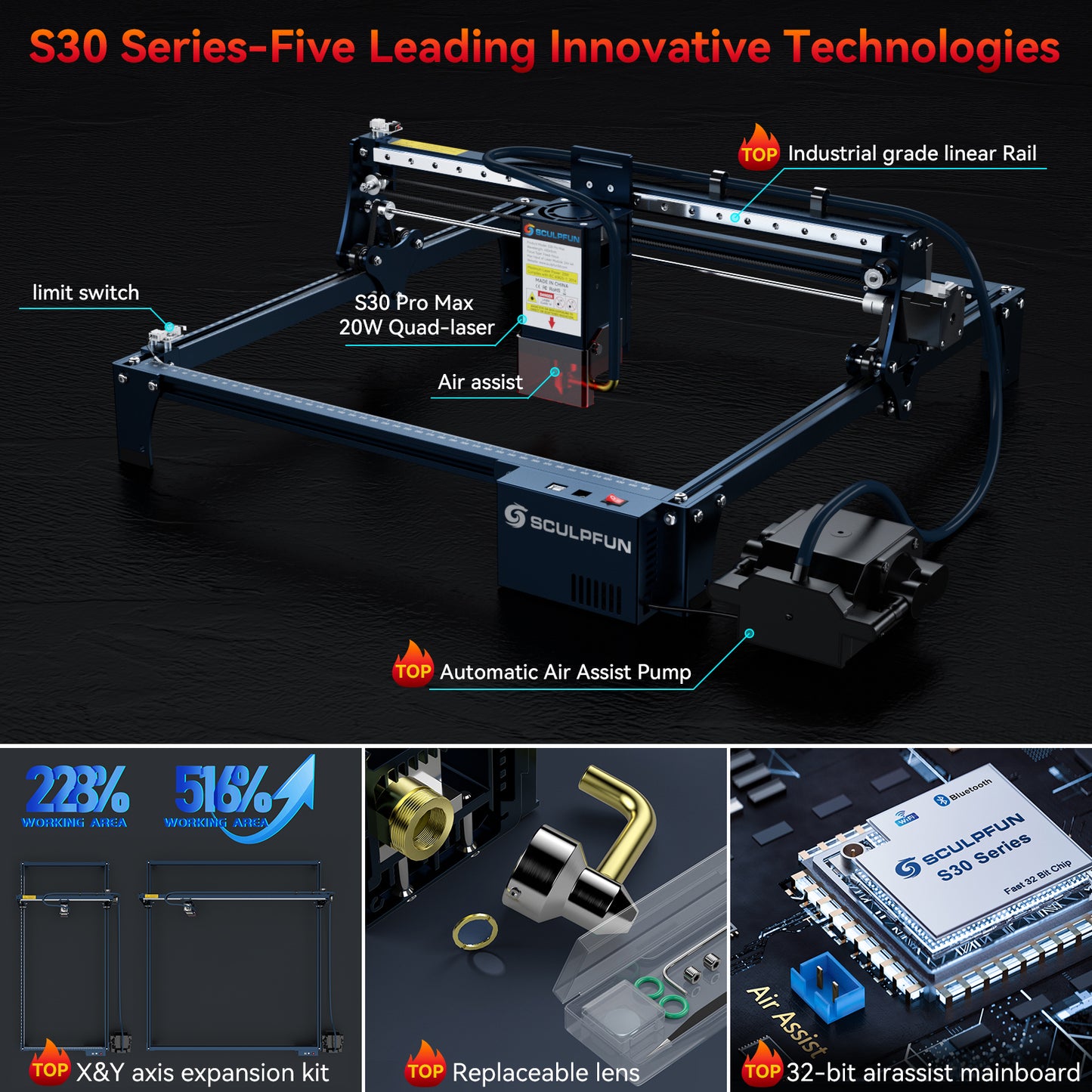 SCULPFUN S30 Pro Max automatic air-assist laser engraving machine Replaceable lens design Includes laser repair kit Expandable to 935x900mm engraving area Air-assist M8 motherboard