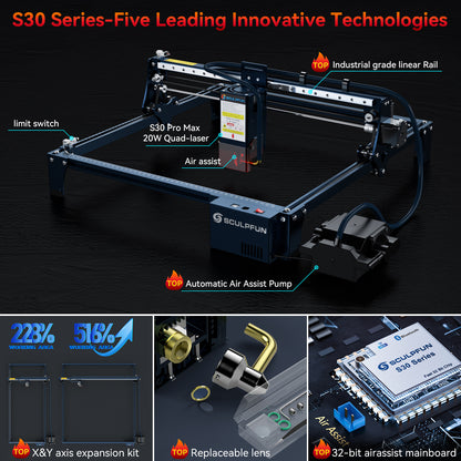 SCULPFUN S30 Pro Max automatic air-assist laser engraving machine Replaceable lens design Includes laser repair kit Expandable to 935x900mm engraving area Air-assist M8 motherboard