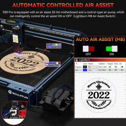 SCULPFUN S30 Pro automatic air-assist laser engraving machine Replaceable lens design Includes laser repair kit Expandable to 935x900mm engraving area Air-assist M8 motherboard