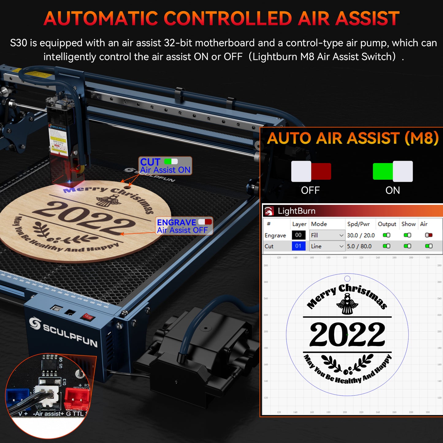 SCULPFUN S30 automatic air-assist laser engraving machine Replaceable lens design Includes laser repair kit Expandable to 935x900mm engraving area Air-assist M8 motherboard