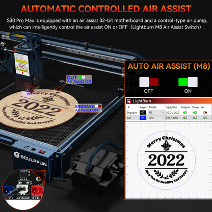 SCULPFUN S30 Pro Max automatic air-assist laser engraving machine Replaceable lens design Includes laser repair kit Expandable to 935x900mm engraving area Air-assist M8 motherboard