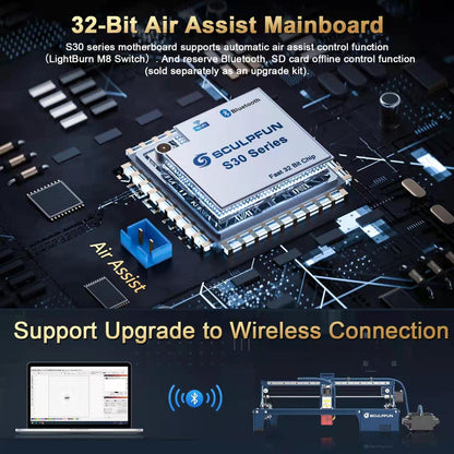 SCULPFUN S30 Pro automatic air-assist laser engraving machine Replaceable lens design Includes laser repair kit Expandable to 935x900mm engraving area Air-assist M8 motherboard