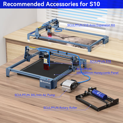 SCULPFUN S10 Laser Engraving Machine High-speed air assist  10W high-density laser  Industrial-grade precision  410x400mm engraving area  All-metal structure  Fast assembly design