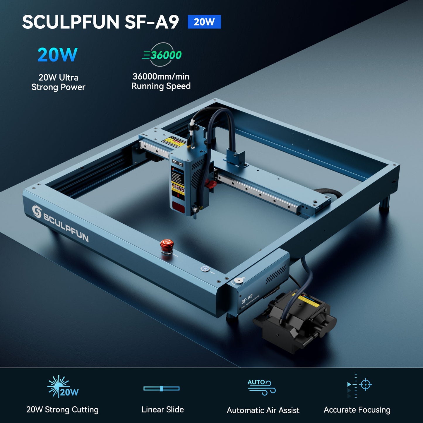 SCULPFUN SF-A9 20W Laser Engraving Machine 400*400mm Working Area with Precise Positioning Multiple Connection MethodS Safety Alarm Function