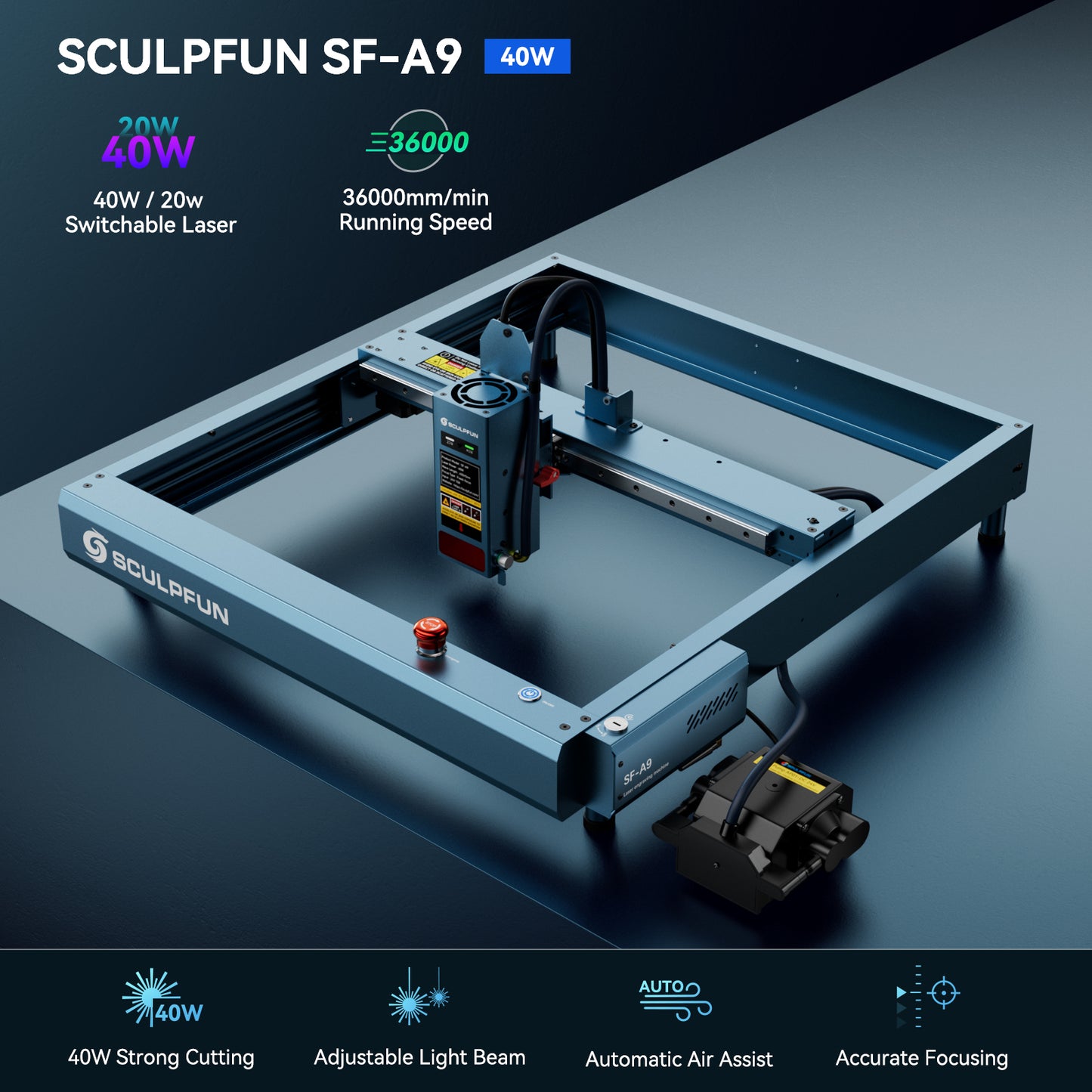 Sculpfun SF-A9 40W Laser Engraver Cutting Machine With Precise Positioning Flame Temperature Alarm Function 400x400mm Working Area