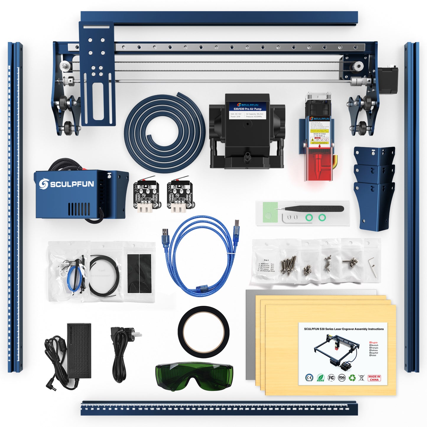 SCULPFUN S30 Pro automatic air-assist laser engraving machine Replaceable lens design Includes laser repair kit Expandable to 935x900mm engraving area Air-assist M8 motherboard