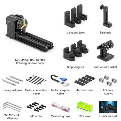 SCULPFUN RA Pro Max 4 in 1 Rotary Chuck for Laser Engraver, Y-axis Multi-Function Rotary Roller Engraving Module with 180° Adjustable Angle for Laser Engraving Cylindrical Objects, Irregular Round Objects