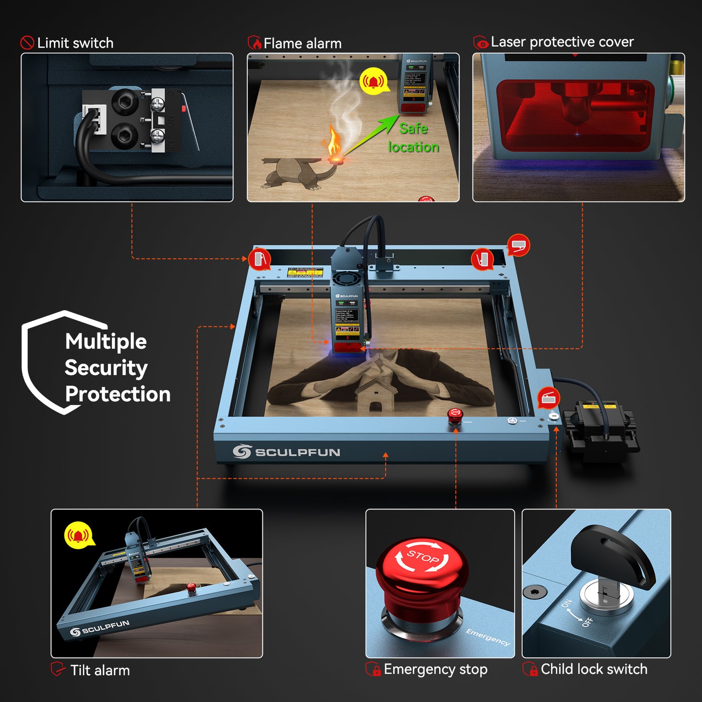 Sculpfun SF-A9 40W Laser Engraver Cutting Machine With Precise Positioning Flame Temperature Alarm Function 400x400mm Working Area