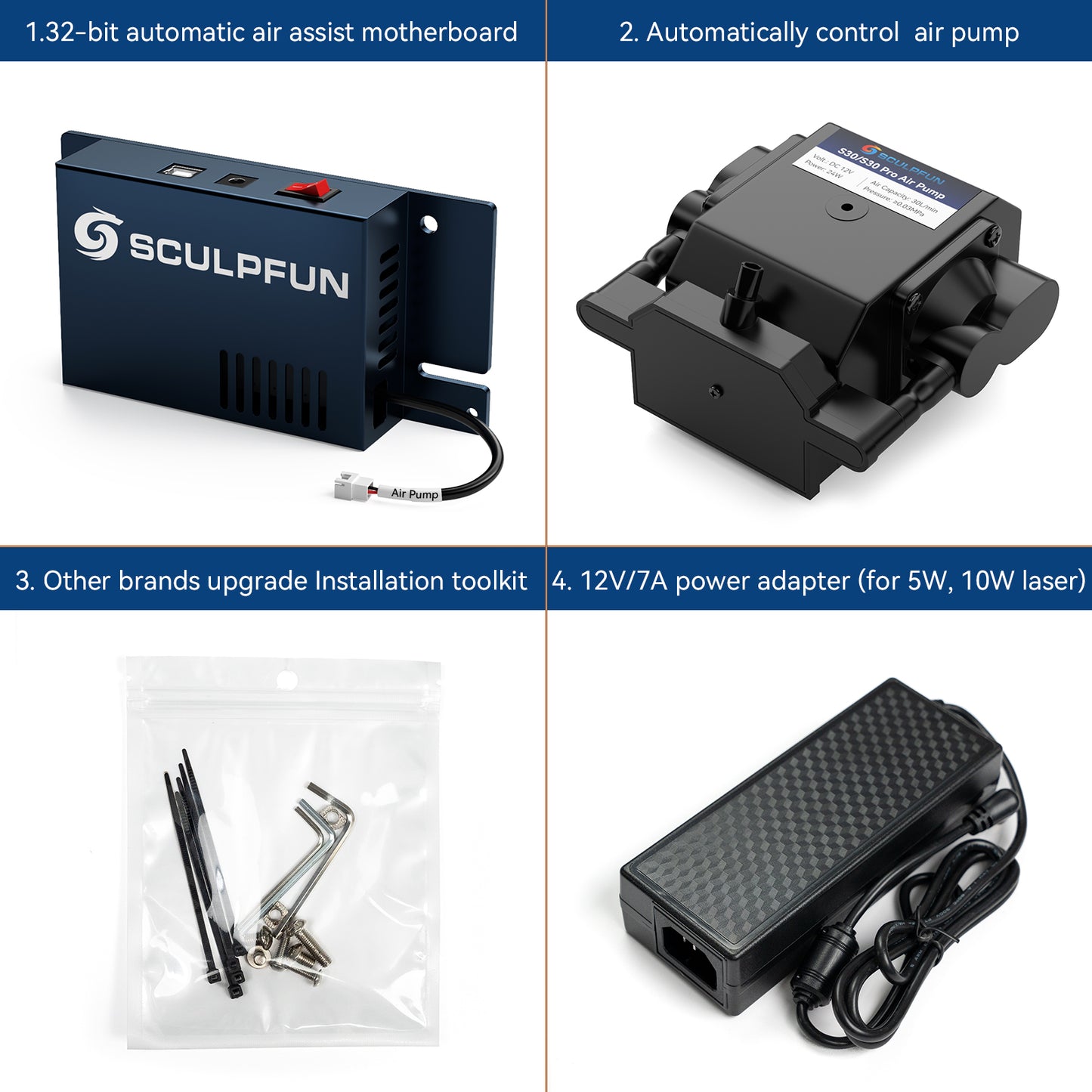 SCULPFUN Automatic Air Assist Kit 12V Version   Suitable for upgrading S9/S10 to S30 automatic air assist system, including 32bit automatic air assist mainboard, 30min/min automatic air pump, 12V/7A adapter, installation kit