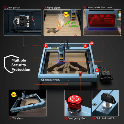 SCULPFUN SF-A9 20W Laser Engraving Machine 400*400mm Working Area with Precise Positioning Multiple Connection MethodS Safety Alarm Function