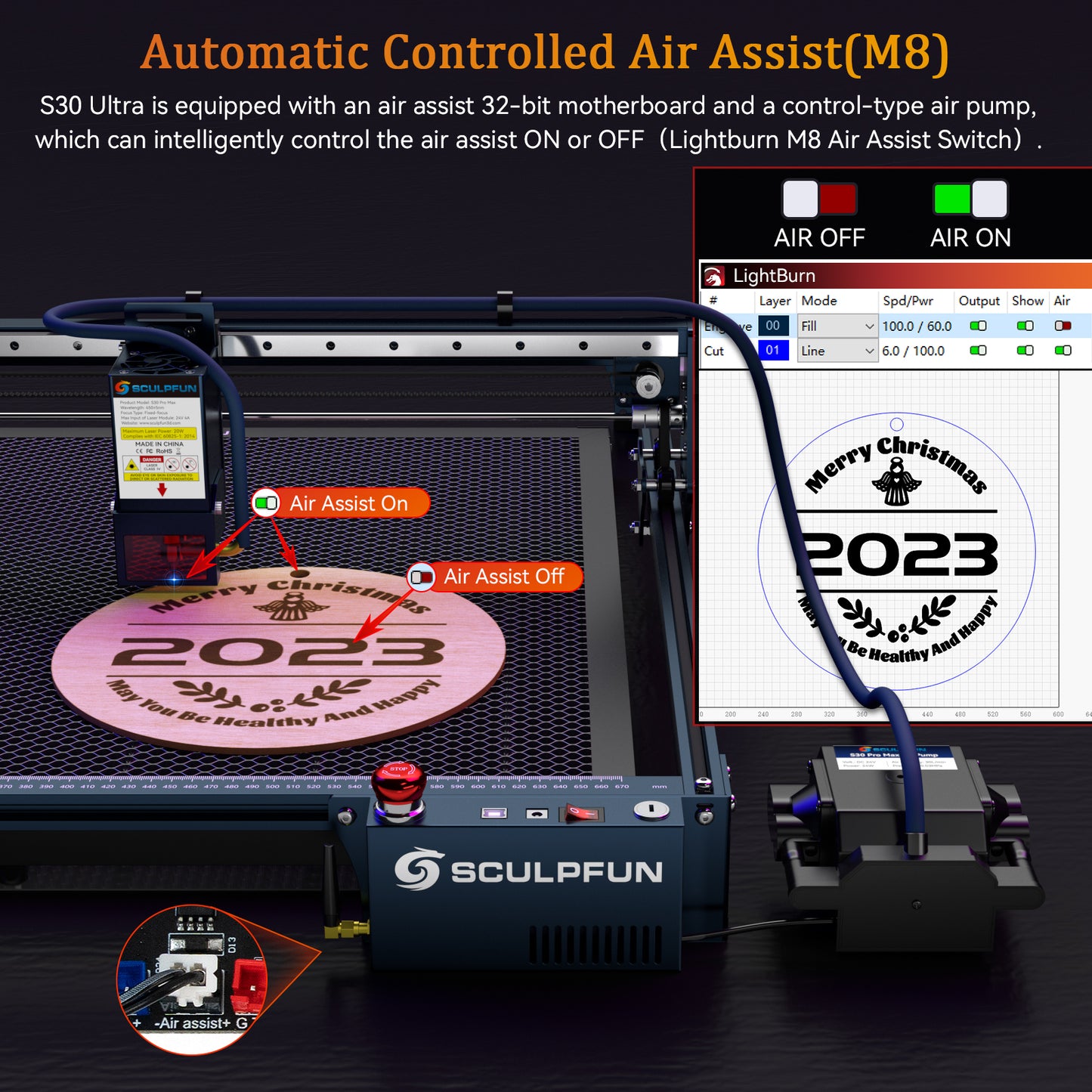 SCULPFUN S30 Ultra-33W Laser Engraving Machine 600x600mm Engraving Area  Automatic Air Assist Replaceable Lens Includes Laser Repair Kit  Air Assist M8 Main Board