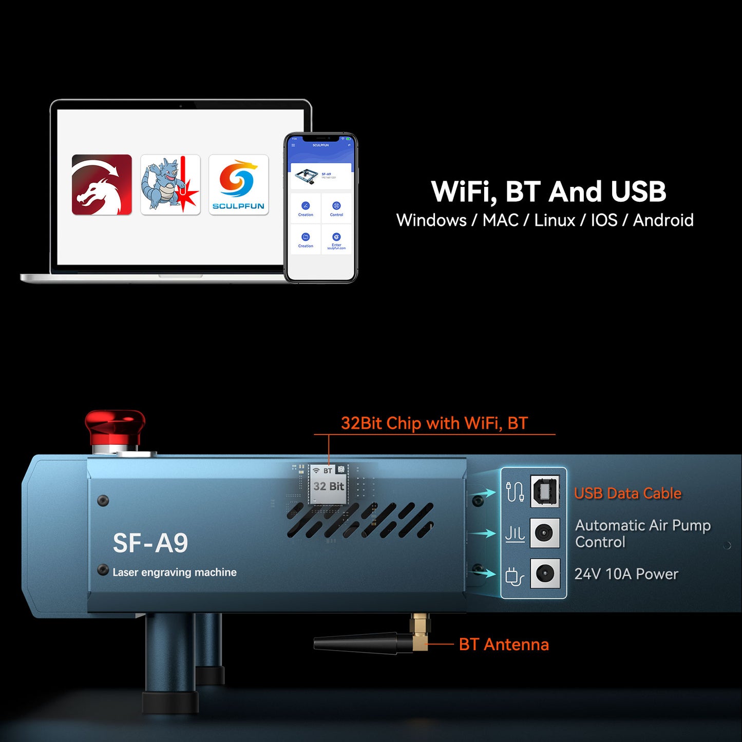 SCULPFUN SF-A9 20W Laser Engraving Machine 400*400mm Working Area with Precise Positioning Multiple Connection MethodS Safety Alarm Function