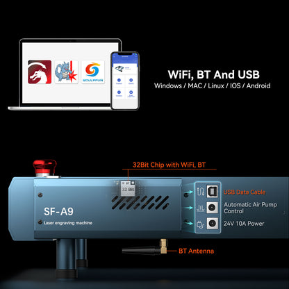 SCULPFUN SF-A9 20W Laser Engraving Machine 400*400mm Working Area with Precise Positioning Multiple Connection MethodS Safety Alarm Function