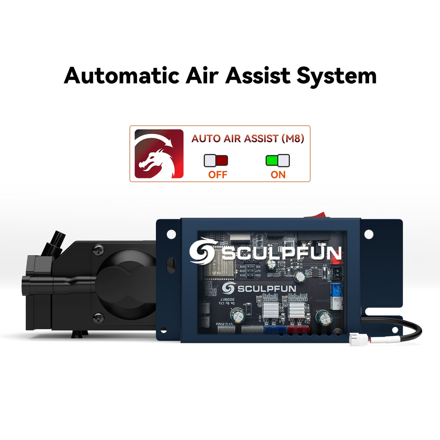 SCULPFUN Automatic Air Assist Kit 12V Version   Suitable for upgrading S9/S10 to S30 automatic air assist system, including 32bit automatic air assist mainboard, 30min/min automatic air pump, 12V/7A adapter, installation kit