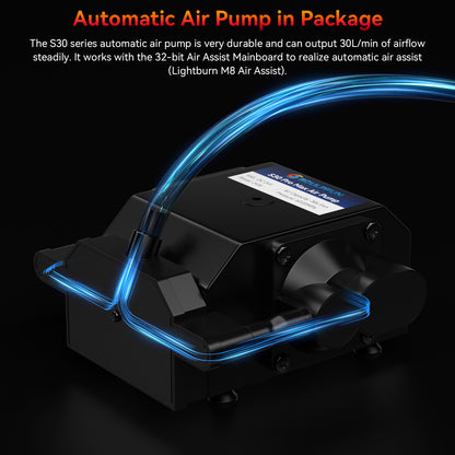 SCULPFUN Automatic Air Assist Kit 12V Version   Suitable for upgrading S9/S10 to S30 automatic air assist system, including 32bit automatic air assist mainboard, 30min/min automatic air pump, 12V/7A adapter, installation kit