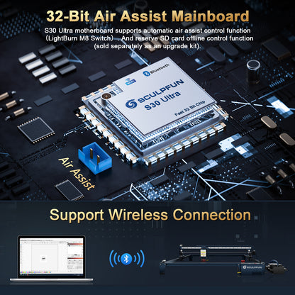 SCULPFUN S30 Ultra-11W Laser Engraving Machine 600x600mm Engraving Area  Automatic Air Assist Replaceable Lens Includes Laser Repair Kit  Air Assist M8 Main Board