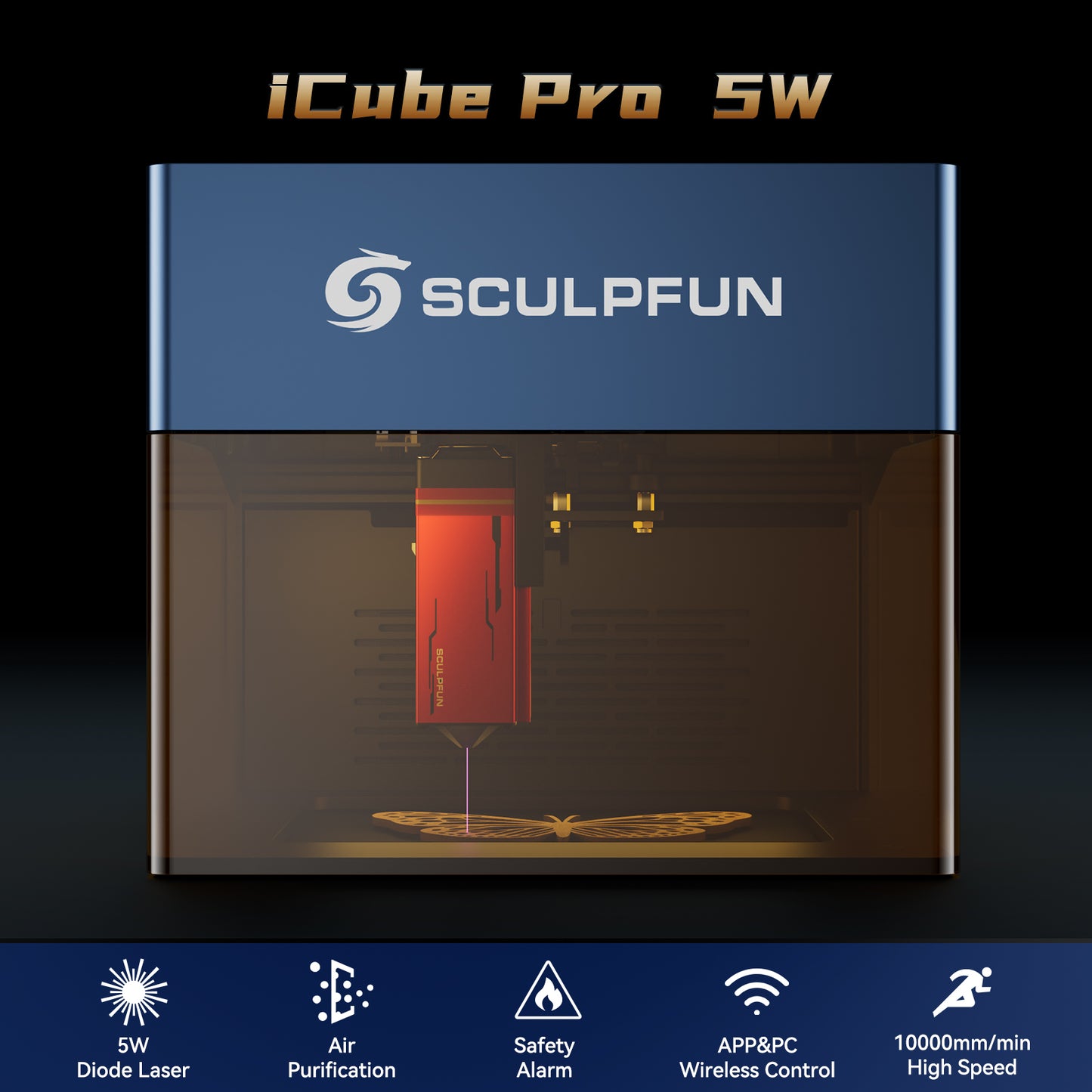 Sculpfun iCube Pro 5W Laser Engraver Portable Laser Engraving Machine with Smoke Filter Temperature Alarm 130x130mm Engraving Area