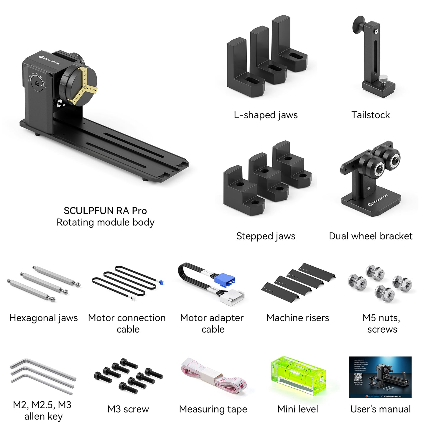 SCULPFUN RA Pro Rotary Chuck for Laser Engraver, Y-axis Multi-Function Rotary Module with 180° Adjustable Angle for Laser Engraving Cylindrical Objects Irregular Round Objects